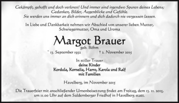Traueranzeige von Margot Brauer (geb. Böhm)  von Magdeburger Volksstimme