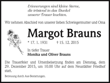 Traueranzeige von Margot Brauns  von Magdeburger Volksstimme