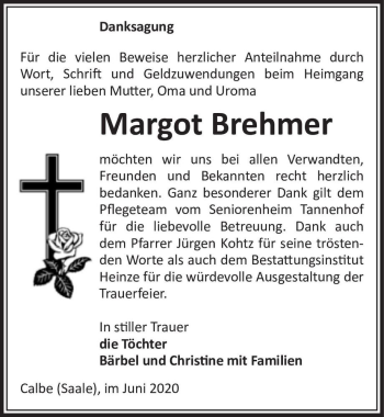 Traueranzeige von Margot Brehmer  von Magdeburger Volksstimme