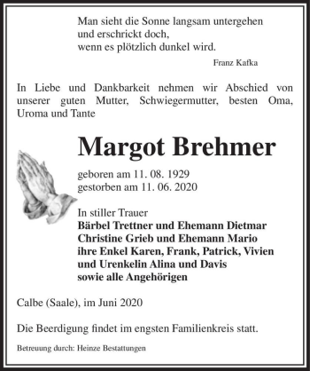 Traueranzeige von Margot Brehmer  von Magdeburger Volksstimme