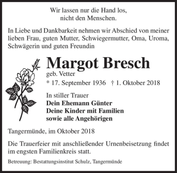 Traueranzeige von Margot Bresch (geb. Vetter)  von Magdeburger Volksstimme