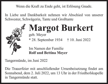 Traueranzeige von Margot Burkert (geb. Meyer)  von Magdeburger Volksstimme
