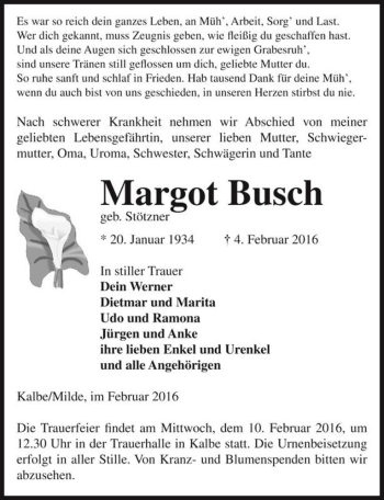 Traueranzeige von Margot Busch (geb. Stötzner)  von Magdeburger Volksstimme