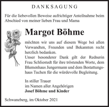 Traueranzeige von Margot Böhme  von Magdeburger Volksstimme