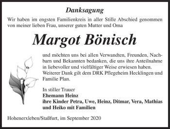 Traueranzeige von Margot Bönisch  von Magdeburger Volksstimme