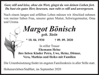 Traueranzeige von Margot Bönisch (geb. Stein)  von Magdeburger Volksstimme