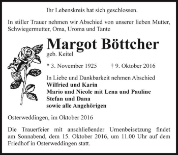 Traueranzeige von Margot Böttcher (geb. Keitel)  von Magdeburger Volksstimme
