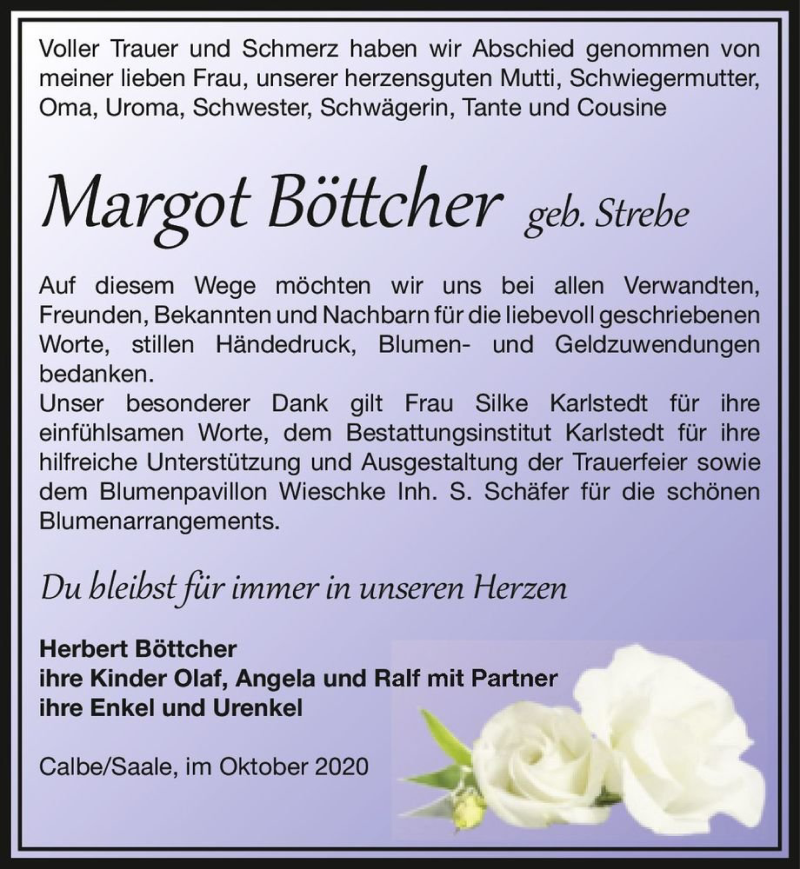  Traueranzeige für Margot Böttcher (geb. Strebe)  vom 17.10.2020 aus Magdeburger Volksstimme