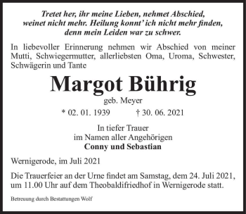 Traueranzeige von Margot Bührig (geb. Meyer)  von Magdeburger Volksstimme