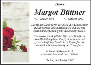 Traueranzeige von Margot Büttner  von Magdeburger Volksstimme