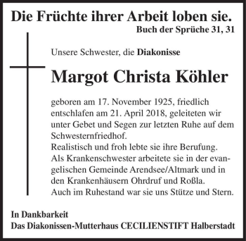 Traueranzeige von Margot Christa Köhler  von Magdeburger Volksstimme