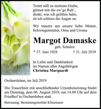 Traueranzeige von Margot Damaske (geb. Schulze)  von Magdeburger Volksstimme