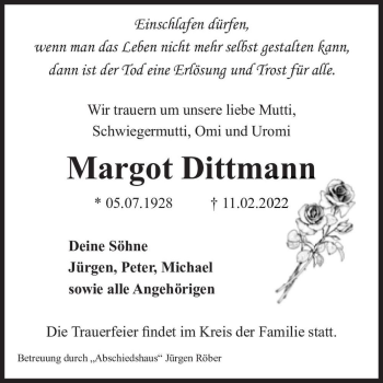 Traueranzeige von Margot Dittmann  von Magdeburger Volksstimme
