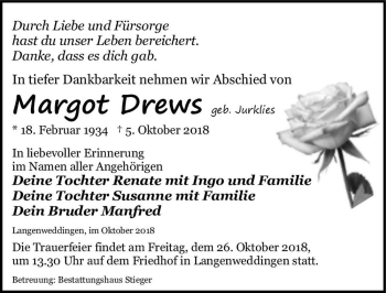 Traueranzeige von Margot Drews (geb. Jurklies)  von Magdeburger Volksstimme
