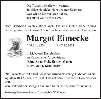 Traueranzeige von Margot Eimecke  von Magdeburger Volksstimme