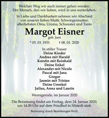 Traueranzeige von Margot Eisner (geb. Jant)  von Magdeburger Volksstimme