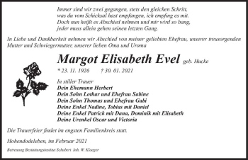 Traueranzeige von Margot Elisabeth Evel (geb. Hucke)  von Magdeburger Volksstimme
