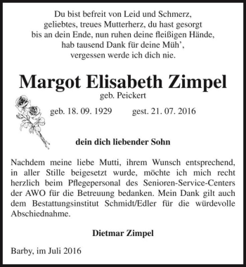 Traueranzeige von Margot Elisabeth Zimpel (geb. Peickert)  von Magdeburger Volksstimme