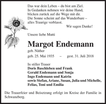 Traueranzeige von Margot Endemann (geb.Näther)  von Magdeburger Volksstimme