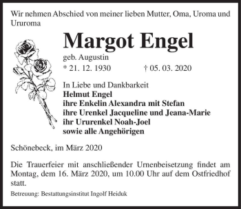 Traueranzeige von Margot Engel (geb. Augustin)  von Magdeburger Volksstimme