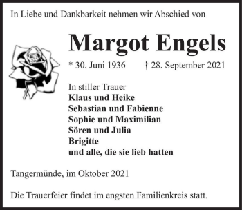 Traueranzeige von Margot Engels  von Magdeburger Volksstimme