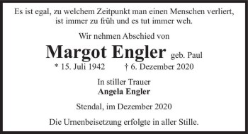 Traueranzeige von Margot Engler (geb. Paul)  von Magdeburger Volksstimme