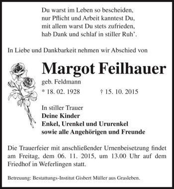 Traueranzeige von Margot Feilhauer (geb. Feldmann)  von Magdeburger Volksstimme