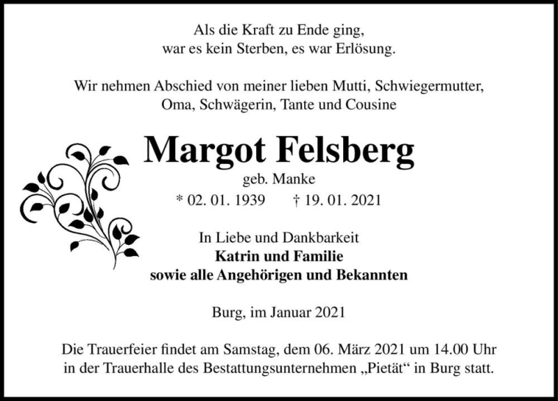  Traueranzeige für Margot Felsberg (geb. Manke)  vom 23.01.2021 aus Magdeburger Volksstimme