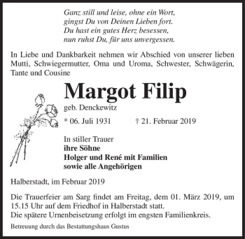 Traueranzeige von Margot Filip (geb. Denckewitz)  von Magdeburger Volksstimme