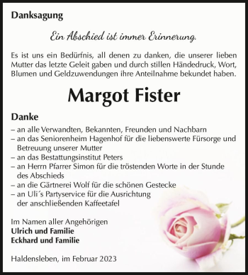 Traueranzeige von Margot Fister  von Magdeburger Volksstimme