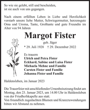 Traueranzeige von Margot Fister (geb. Jäger)  von Magdeburger Volksstimme