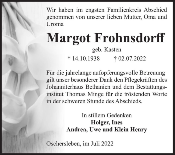 Traueranzeige von Margot Frohnsdorff (geb. Kasten)  von Magdeburger Volksstimme