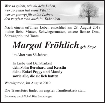 Traueranzeige von Margot Fröhlich (geb. Stoye)  von Magdeburger Volksstimme