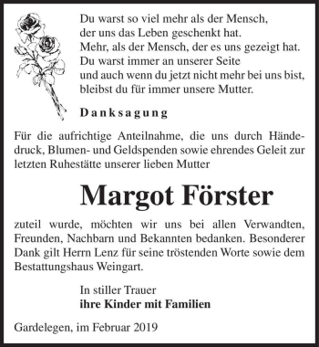 Traueranzeige von Margot Förster  von Magdeburger Volksstimme
