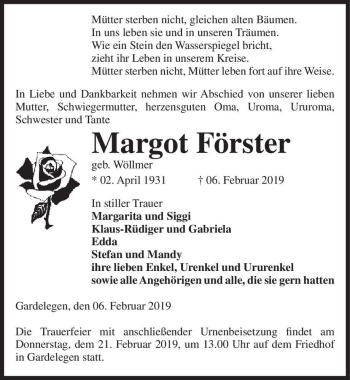 Traueranzeige von Margot Förster (geb. Wöllmer)  von Magdeburger Volksstimme