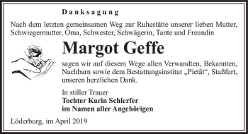 Traueranzeige von Margot Geffe  von Magdeburger Volksstimme