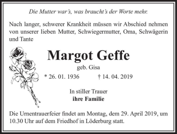 Traueranzeige von Margot Geffe (geb. Gisa)  von Magdeburger Volksstimme