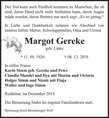 Traueranzeige von Margot Gereke (geb. Linke)  von Magdeburger Volksstimme