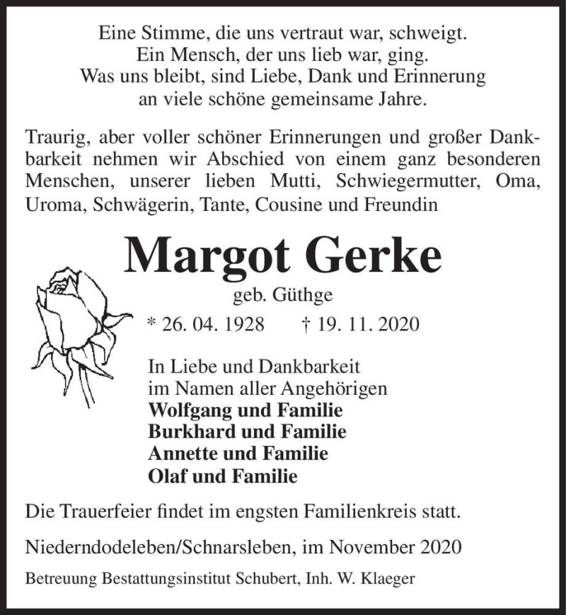  Traueranzeige für Margot Gerke (geb. Güthge)  vom 28.11.2020 aus Magdeburger Volksstimme