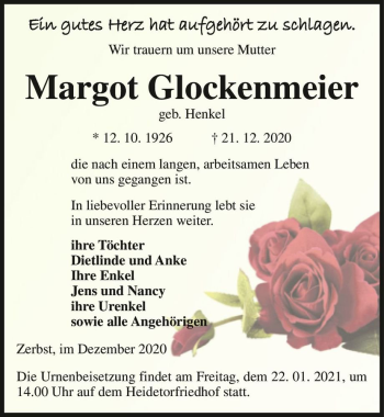 Traueranzeige von Margot Glockenmeier (geb. Henkel)  von Magdeburger Volksstimme