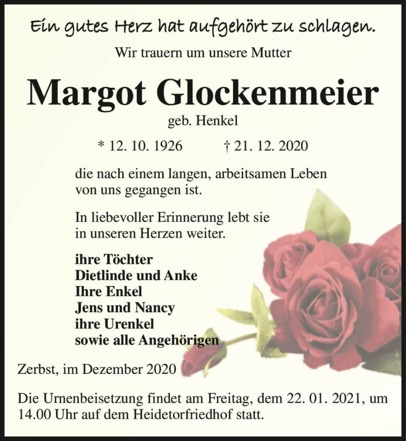  Traueranzeige für Margot Glockenmeier (geb. Henkel)  vom 09.01.2021 aus Magdeburger Volksstimme