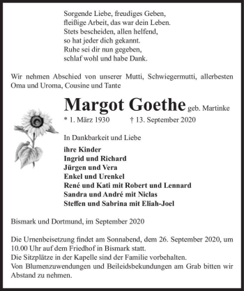 Traueranzeige von Margot Goethe (geb. Martinke)  von Magdeburger Volksstimme