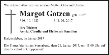 Traueranzeige von Margot Gotzen (geb. Rulff)  von Magdeburger Volksstimme