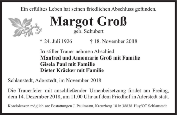 Traueranzeige von Margot Groß (geb. Schubert)  von Magdeburger Volksstimme