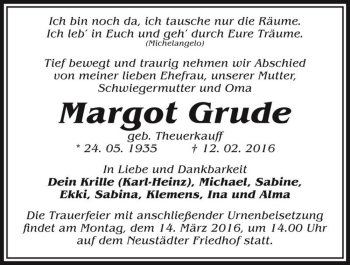 Traueranzeige von Margot Grude (geb. Theuerkauff)  von Magdeburger Volksstimme