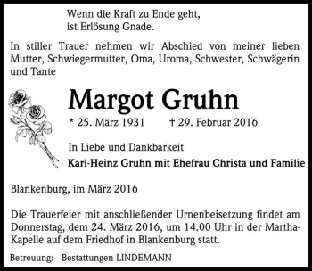 Traueranzeige von Margot Gruhn  von Magdeburger Volksstimme