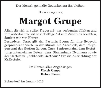 Traueranzeige von Margot Grupe  von Magdeburger Volksstimme