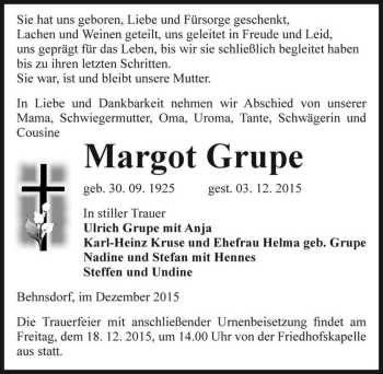 Traueranzeige von Margot Grupe  von Magdeburger Volksstimme