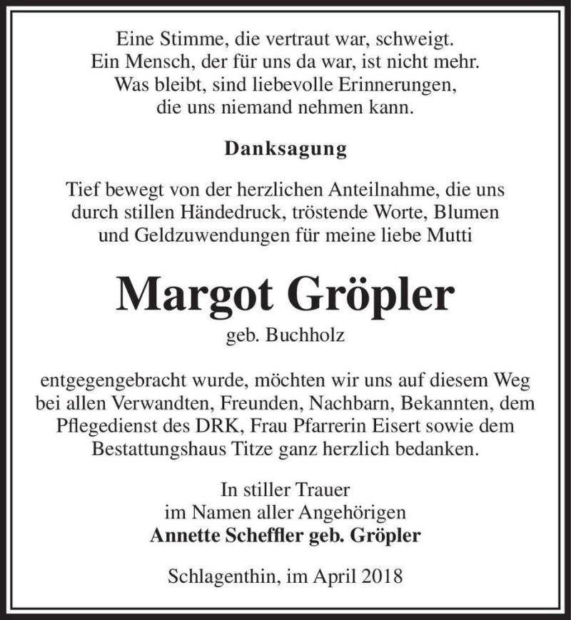  Traueranzeige für Margot Gröpler (geb. Buchholz)  vom 14.04.2018 aus Magdeburger Volksstimme