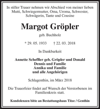 Traueranzeige von Margot Gröpler (geb. Buchholz)  von Magdeburger Volksstimme